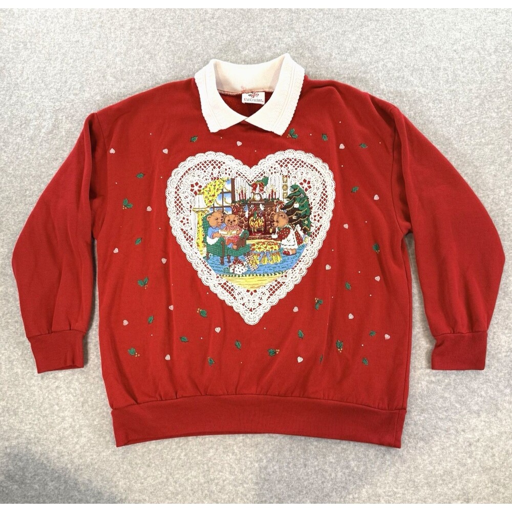 VTG Sweatshirt NutCracker Red Collared Teddy Bear Lace Heart Cottage Grandma M/L